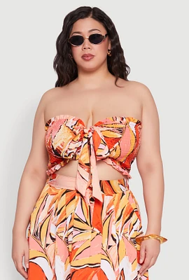 Womens Plus Printed Pattern Tie Front Crop Top, Orange,