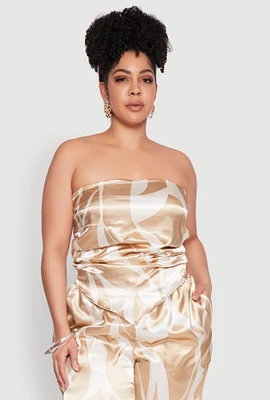 Womens Plus Size Satin Scarf Print Tube Top, Beige, Size 3X