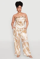Womens Plus Size Satin Scarf Print Tube Top, Beige, Size 3X