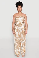 Womens Plus Size Satin Scarf Print Tube Top, Beige, Size 3X