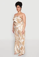 Womens Plus Size Satin Scarf Print Tube Top, Beige, Size 3X