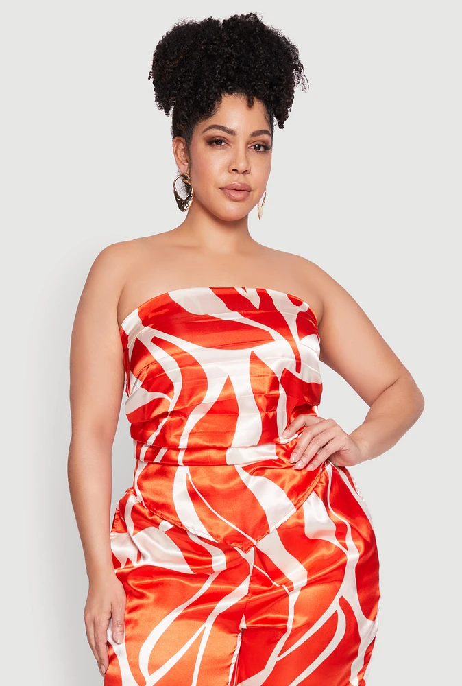 Womens Plus Size Satin Scarf Print Tube Top, Orange, Size 2X
