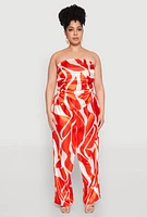 Womens Plus Size Satin Scarf Print Tube Top, Orange, Size 2X