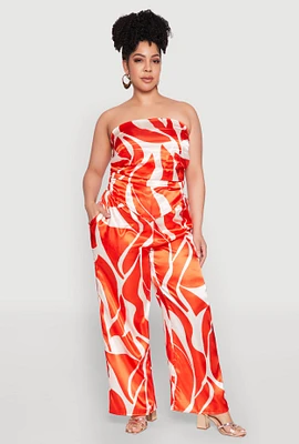 Womens Plus Size Patterned Satin Palazzo Pants, Orange, Size 2X