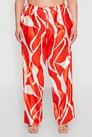 Womens Plus Size Patterned Satin Palazzo Pants, Orange, Size 2X