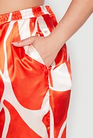 Womens Plus Size Patterned Satin Palazzo Pants, Orange, Size 2X