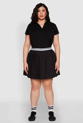 Womens Plus Size Varsity Stripe Waistband Pleated Skirt, Black, Size 2X