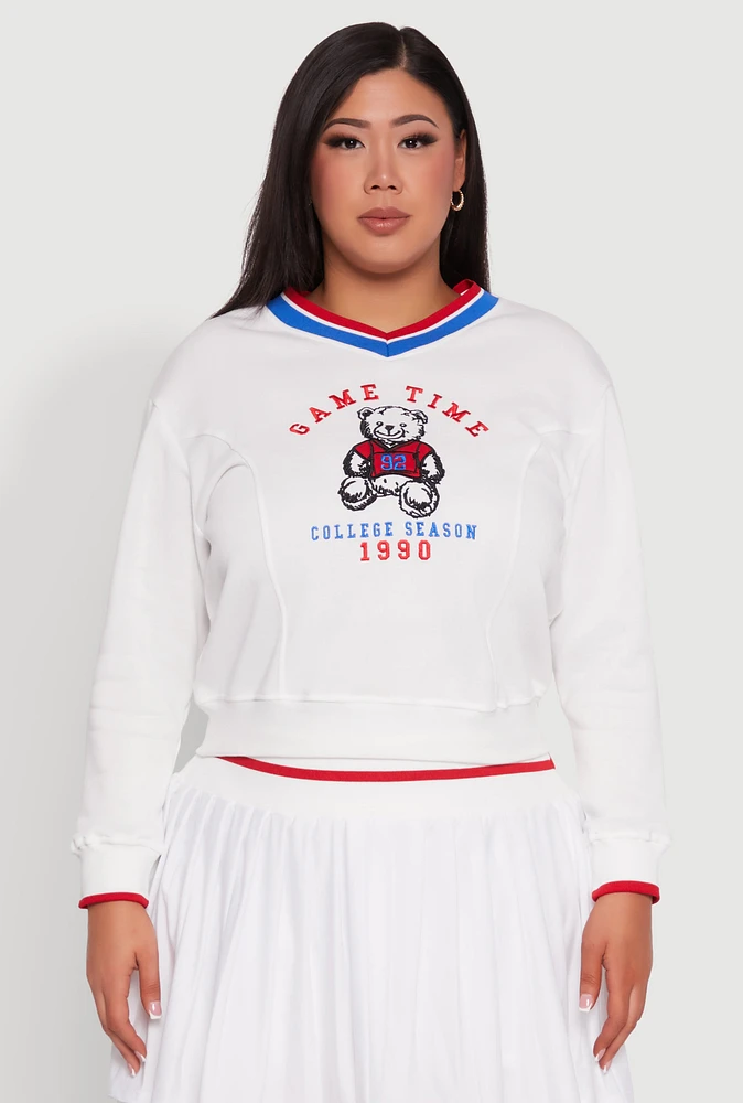 Womens Plus Size Varsity Stripe Printed Pattern Sweatshirt, White, Size 2X