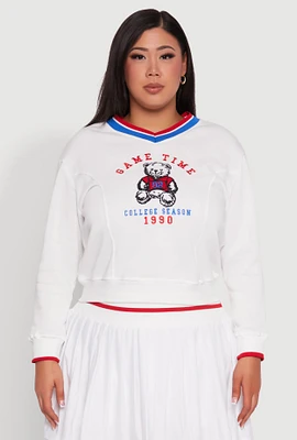 Womens Plus Size Varsity Stripe Printed Pattern Sweatshirt, White, Size 2X