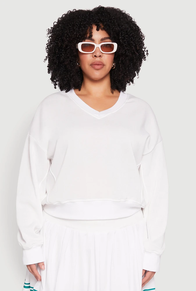 Womens Plus Size V Neck Pullover Sweatshirt, White, Size 3X
