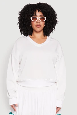 Womens Plus Size V Neck Pullover Sweatshirt, White, Size 3X
