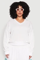 Womens Plus Size V Neck Pullover Sweatshirt, White, Size 3X