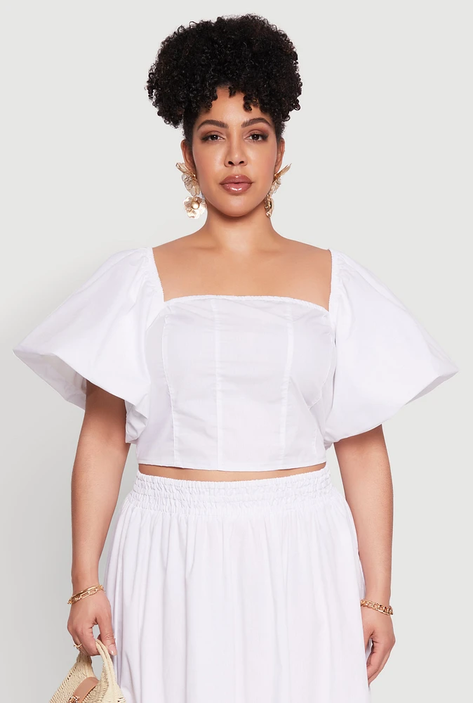 Womens Plus Smocked Back Poplin Crop Top,