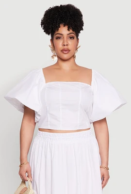 Womens Plus Smocked Back Poplin Crop Top,
