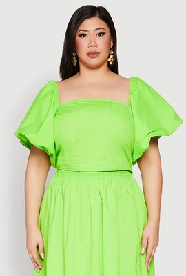 Womens Plus Smocked Back Poplin Crop Top,