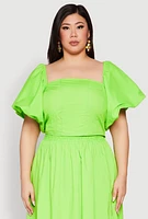 Womens Plus Size Smocked Back Poplin Crop Top, Green, Size 3X