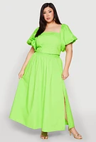 Womens Plus Size Smocked Back Poplin Crop Top, Green, Size 3X