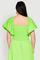 Womens Plus Size Smocked Back Poplin Crop Top, Green, Size 3X