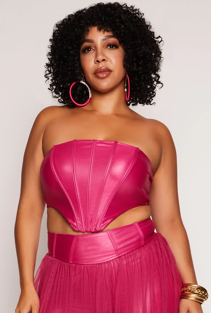 Womens Plus Size Faux Leather Corset Tube Top, Pink, Size 3X