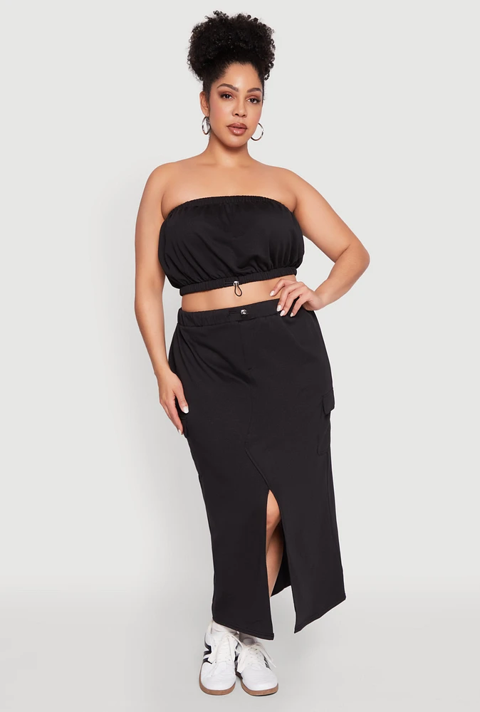 Womens Plus Almost Famous Fleece Maxi Cargo Skirt, Black,