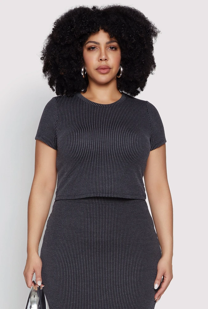 Womens Plus Size Almost Famous Ribbed Knit Crop Top, Black, Size 2X