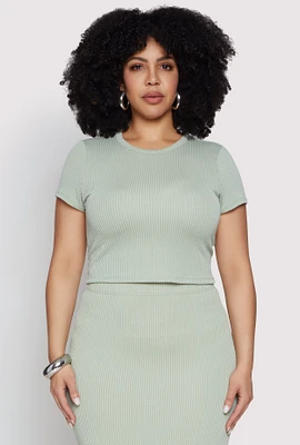 Womens Plus Size Almost Famous Ribbed Knit Crop Top, Green, Size 3X