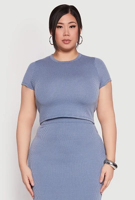 Womens Plus Size Almost Famous Ribbed Knit Crop Top, Blue, Size 2X