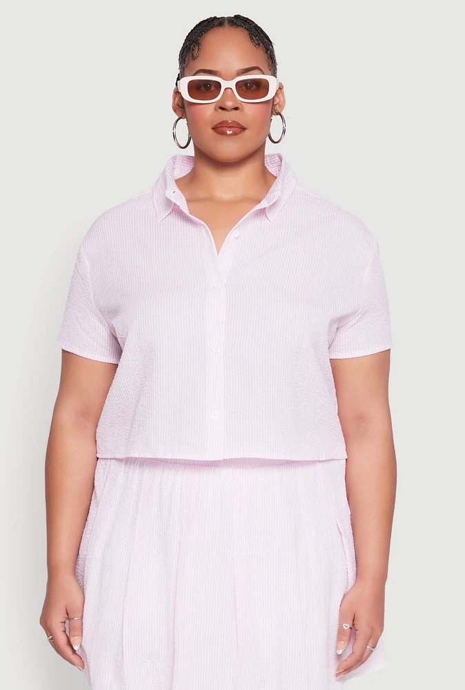 Womens Plus Size Almost Famous Striped Seersucker Cropped Shirt, Pink, Size 2X