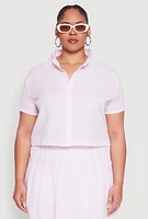 Womens Plus Size Almost Famous Striped Seersucker Cropped Shirt, Pink, Size 2X