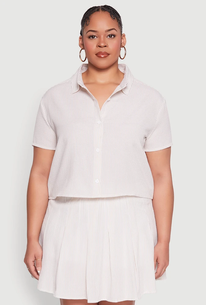 Womens Plus Almost Famous Striped Seersucker Cropped Shirt, Beige,