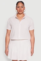 Womens Plus Almost Famous Striped Seersucker Cropped Shirt, Beige,