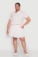 Womens Plus Almost Famous Striped Seersucker Cropped Shirt, Beige,