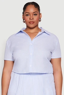 Womens Plus Size Almost Famous Striped Seersucker Cropped Shirt, Blue, Size 2X
