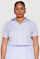 Womens Plus Size Almost Famous Striped Seersucker Cropped Shirt, Blue, Size 2X