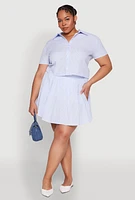 Womens Plus Size Almost Famous Striped Seersucker Cropped Shirt, Blue, Size 2X