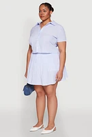 Womens Plus Size Almost Famous Striped Seersucker Cropped Shirt, Blue, Size 2X