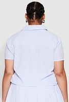 Womens Plus Size Almost Famous Striped Seersucker Cropped Shirt, Blue, Size 2X