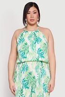 Womens Plus Size Almost Famous Plisse Leaf Print Halter Top, Green, Size 2X