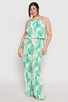 Womens Plus Size Almost Famous Plisse Leaf Print Halter Top, Green, Size 2X