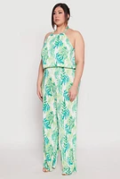 Womens Plus Size Almost Famous Plisse Leaf Print Halter Top, Green, Size 2X