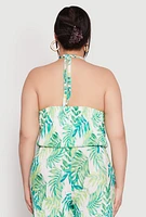 Womens Plus Size Almost Famous Plisse Leaf Print Halter Top, Green, Size 1X
