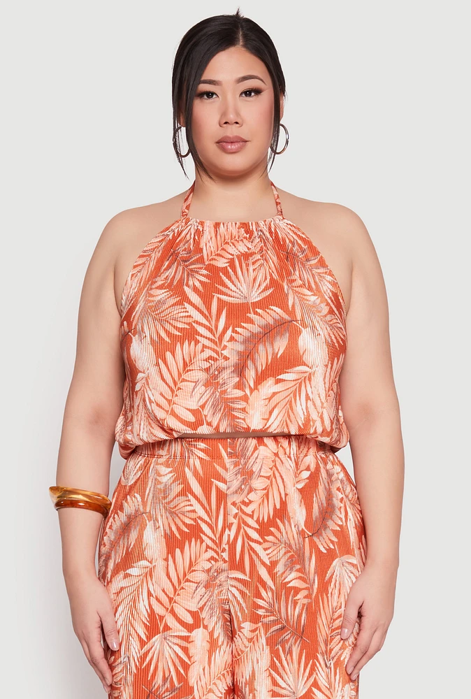 Womens Plus Size Almost Famous Plisse Leaf Print Halter Top, Orange, Size 2X