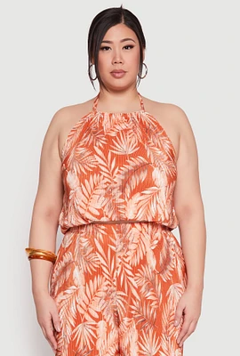 Womens Plus Size Almost Famous Plisse Leaf Print Halter Top, Orange, Size 2X
