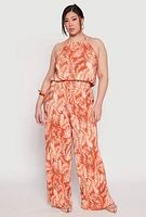 Womens Plus Size Almost Famous Plisse Leaf Print Halter Top, Orange, Size 2X