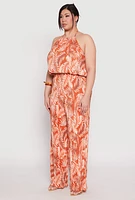 Womens Plus Size Almost Famous Plisse Leaf Print Halter Top, Orange, Size 2X