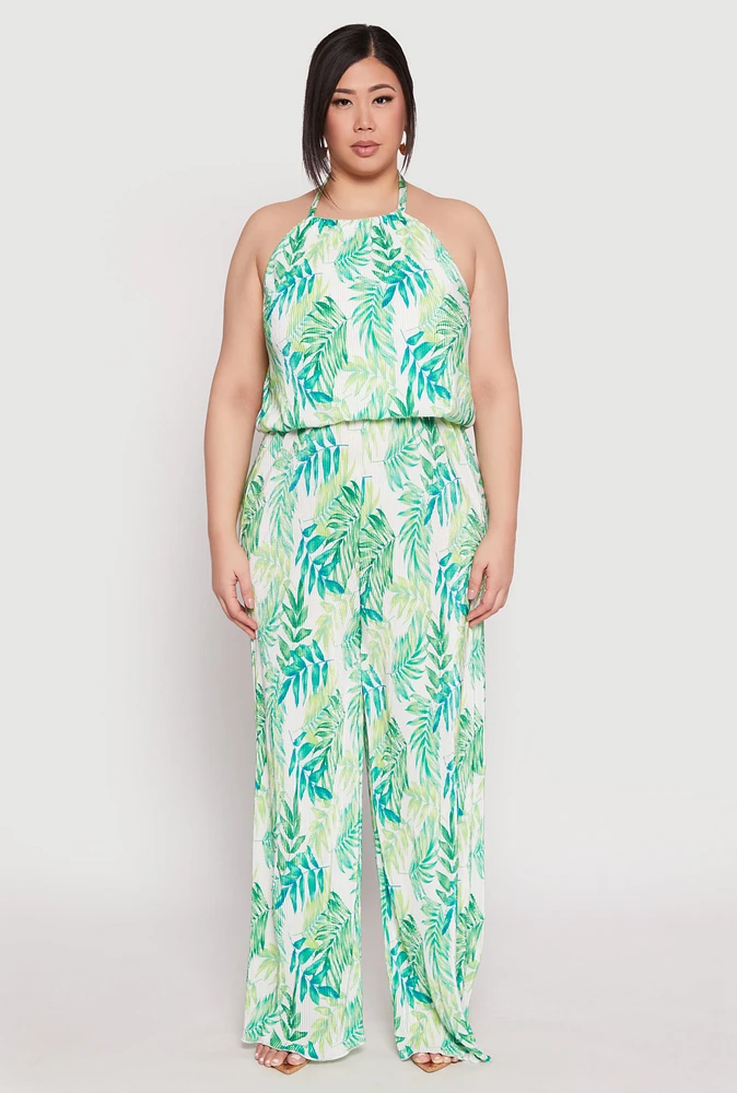 Womens Plus Almost Famous Plisse Leaf Print Pants,