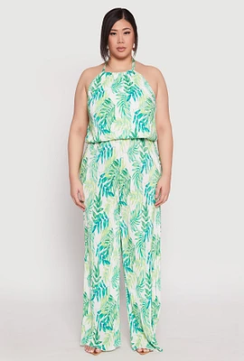Womens Plus Almost Famous Plisse Leaf Print Pants,