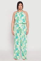 Womens Plus Almost Famous Plisse Leaf Print Pants,