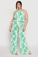 Womens Plus Size Almost Famous Plisse Leaf Print Pants, Green, Size 2X