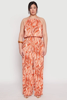 Womens Plus Size Almost Famous Plisse Leaf Print Pants, Orange